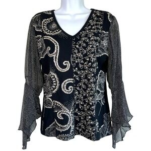 Vintage Y2K Whimsical Jewelled Bell Sleeve Top Size Large Goth Dark Fairy Witchy